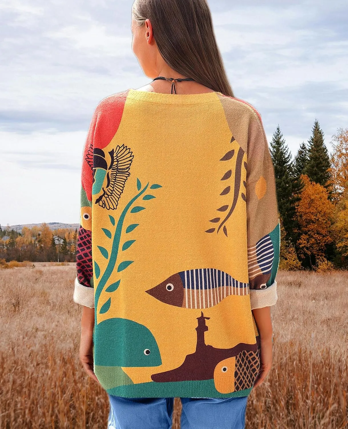 Spring Sweaters for Women 2025 Plus Size Crewneck Lightweigh Pullover Sweaters Graphic Printed Knit Trendy Tops
