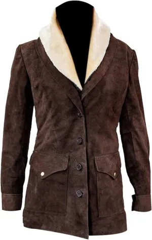 Suede Faux Shearling Knee Lenght Jacket Fur Collar Brown Trench Coats for Women