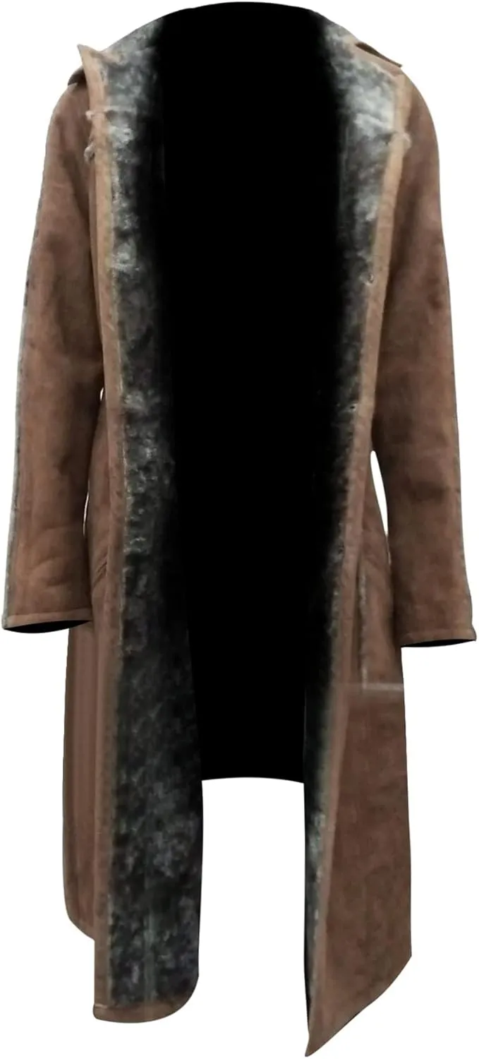 Suede Faux Shearling Knee Lenght Jacket Fur Collar Brown Trench Coats for Women