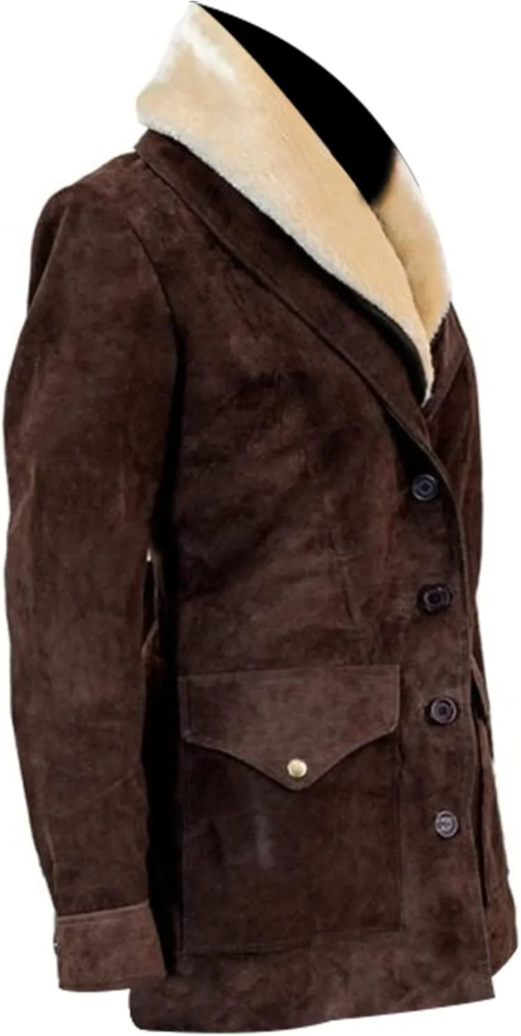 Suede Faux Shearling Knee Lenght Jacket Fur Collar Brown Trench Coats for Women