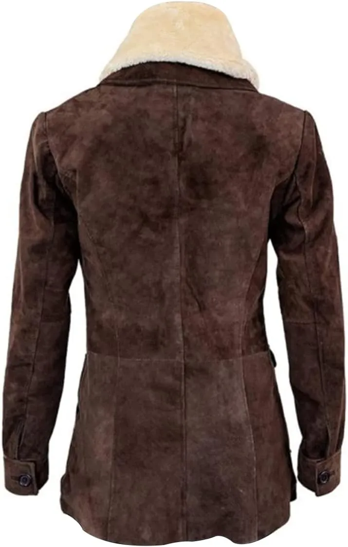 Suede Faux Shearling Knee Lenght Jacket Fur Collar Brown Trench Coats for Women