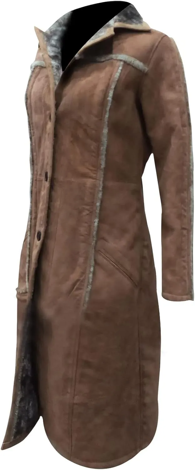 Suede Faux Shearling Knee Lenght Jacket Fur Collar Brown Trench Coats for Women