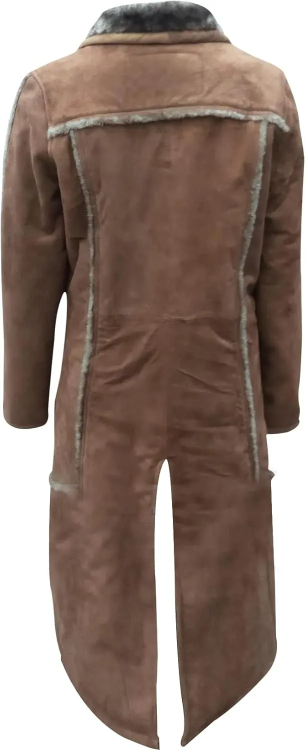 Suede Faux Shearling Knee Lenght Jacket Fur Collar Brown Trench Coats for Women