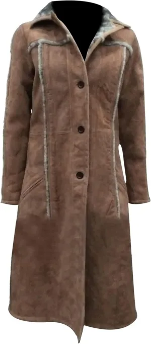 Suede Faux Shearling Knee Lenght Jacket Fur Collar Brown Trench Coats for Women