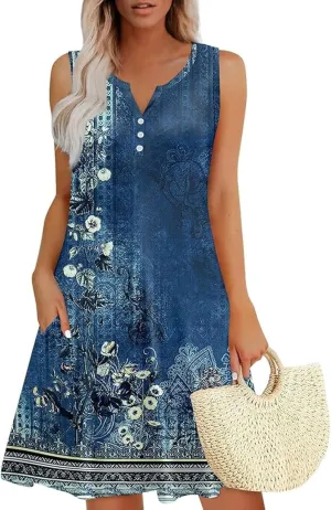 Summer Casual Dresses for Women 2025 Trendy Comfy Loose Beach Vacation Flowy Sleeveless V-Neck Boho A-Line Sundresses