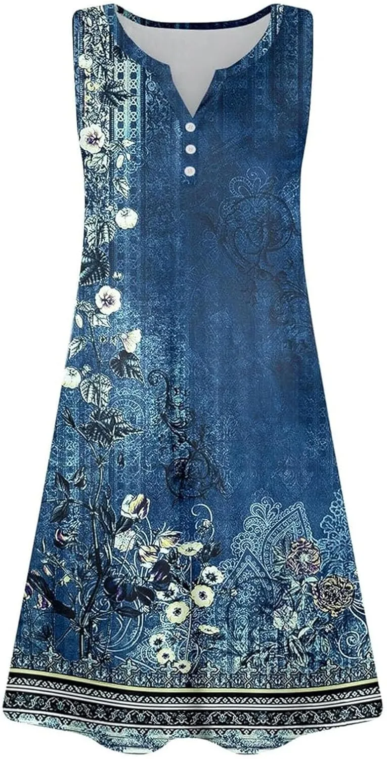 Summer Casual Dresses for Women 2025 Trendy Comfy Loose Beach Vacation Flowy Sleeveless V-Neck Boho A-Line Sundresses