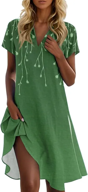 Summer Dresses for Women 2025 Beach Short Sleeve V Neck Dress Casual Loose Mini T-Shirt Sundresses