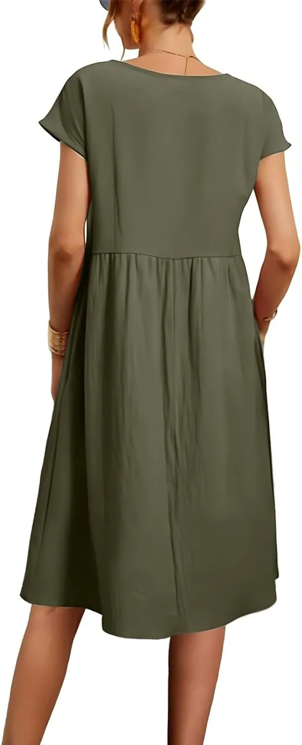Summer Dresses for Women 2025 Linen Casual Trendy Short Sleeve Midi Dress Plus Size Loose Fit Flowy Beach Sundresses