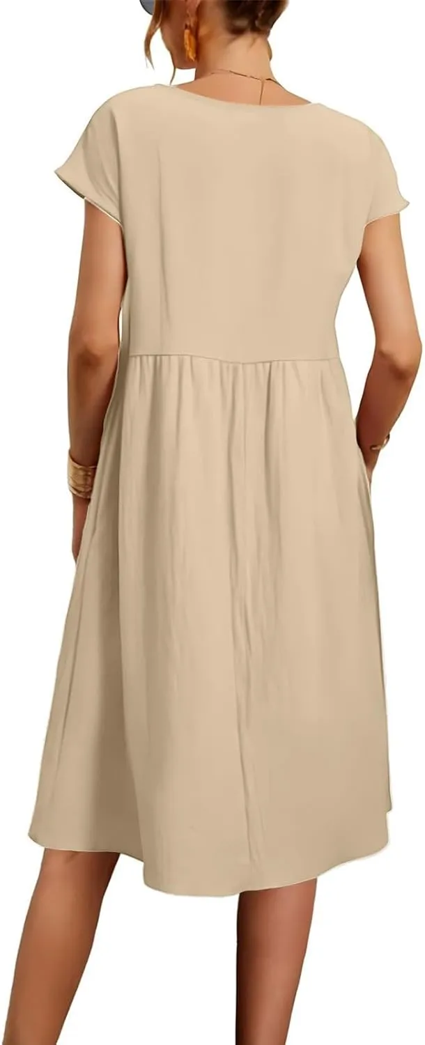 Summer Dresses for Women 2025 Linen Casual Trendy Short Sleeve Midi Dress Plus Size Loose Fit Flowy Beach Sundresses