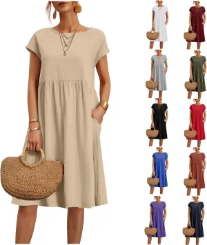 Summer Dresses for Women 2025 Linen Casual Trendy Short Sleeve Midi Dress Plus Size Loose Fit Flowy Beach Sundresses
