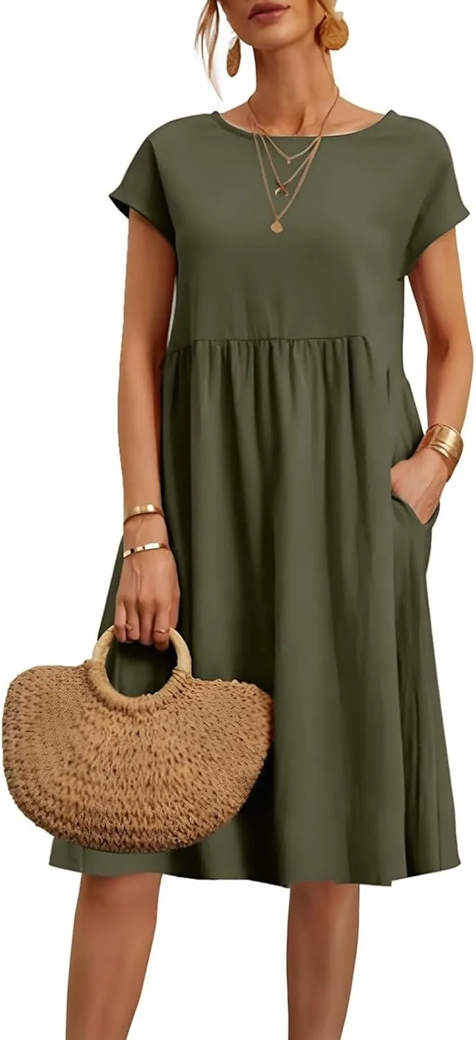 Summer Dresses for Women 2025 Linen Casual Trendy Short Sleeve Midi Dress Plus Size Loose Fit Flowy Beach Sundresses