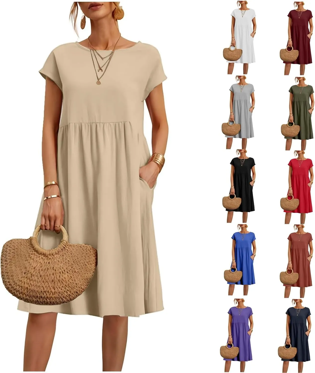 Summer Dresses for Women 2025 Linen Casual Trendy Short Sleeve Midi Dress Plus Size Loose Fit Flowy Beach Sundresses