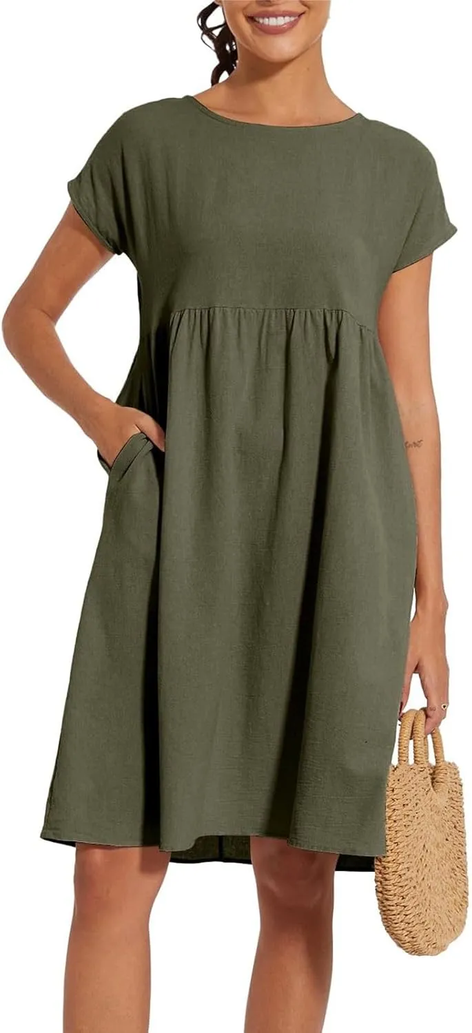 Summer Dresses for Women 2025 Linen Casual Trendy Short Sleeve Midi Dress Plus Size Loose Fit Flowy Beach Sundresses
