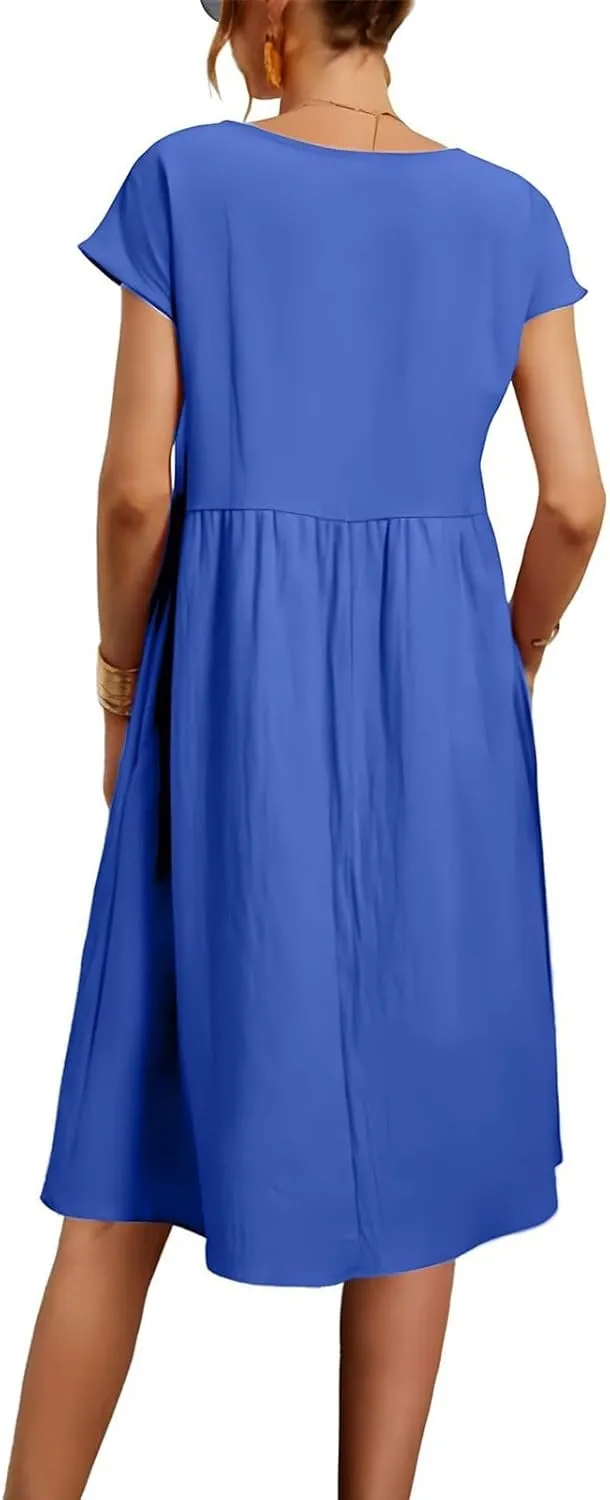 Summer Dresses for Women 2025 Linen Casual Trendy Short Sleeve Midi Dress Plus Size Loose Fit Flowy Beach Sundresses
