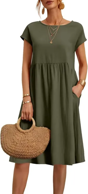 Summer Dresses for Women 2025 Linen Casual Trendy Short Sleeve Midi Dress Plus Size Loose Fit Flowy Beach Sundresses