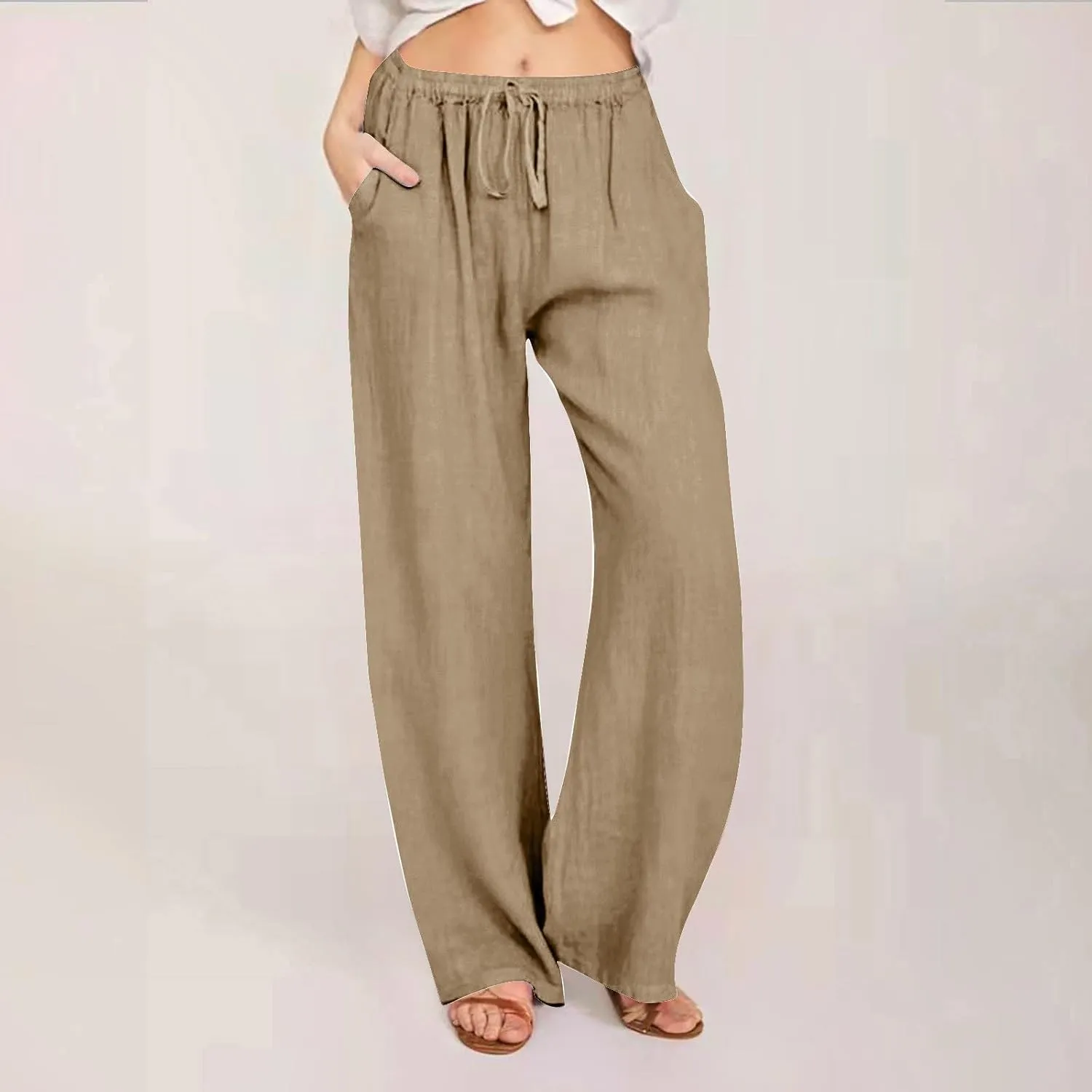 Summer Pants for Women Linen Lounge Drawstring Wide Leg Pants 2025 Trendy Comfy Elastic High Waisted Trousers