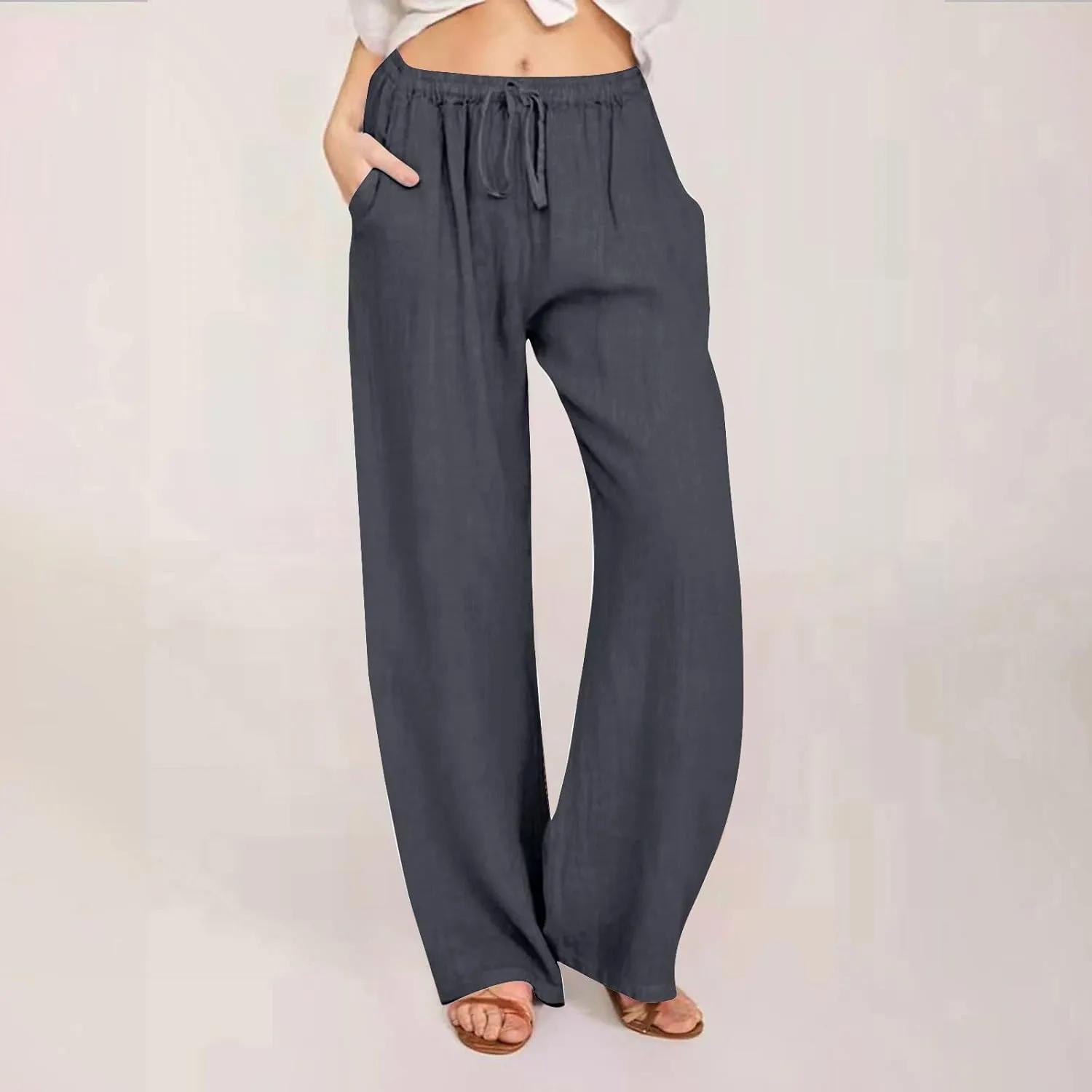 Summer Pants for Women Linen Lounge Drawstring Wide Leg Pants 2025 Trendy Comfy Elastic High Waisted Trousers