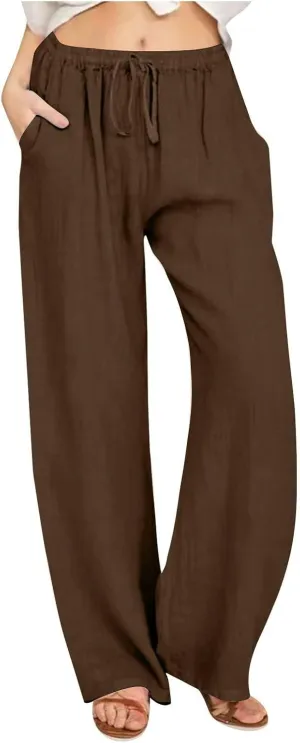Summer Pants for Women Linen Lounge Drawstring Wide Leg Pants 2025 Trendy Comfy Elastic High Waisted Trousers