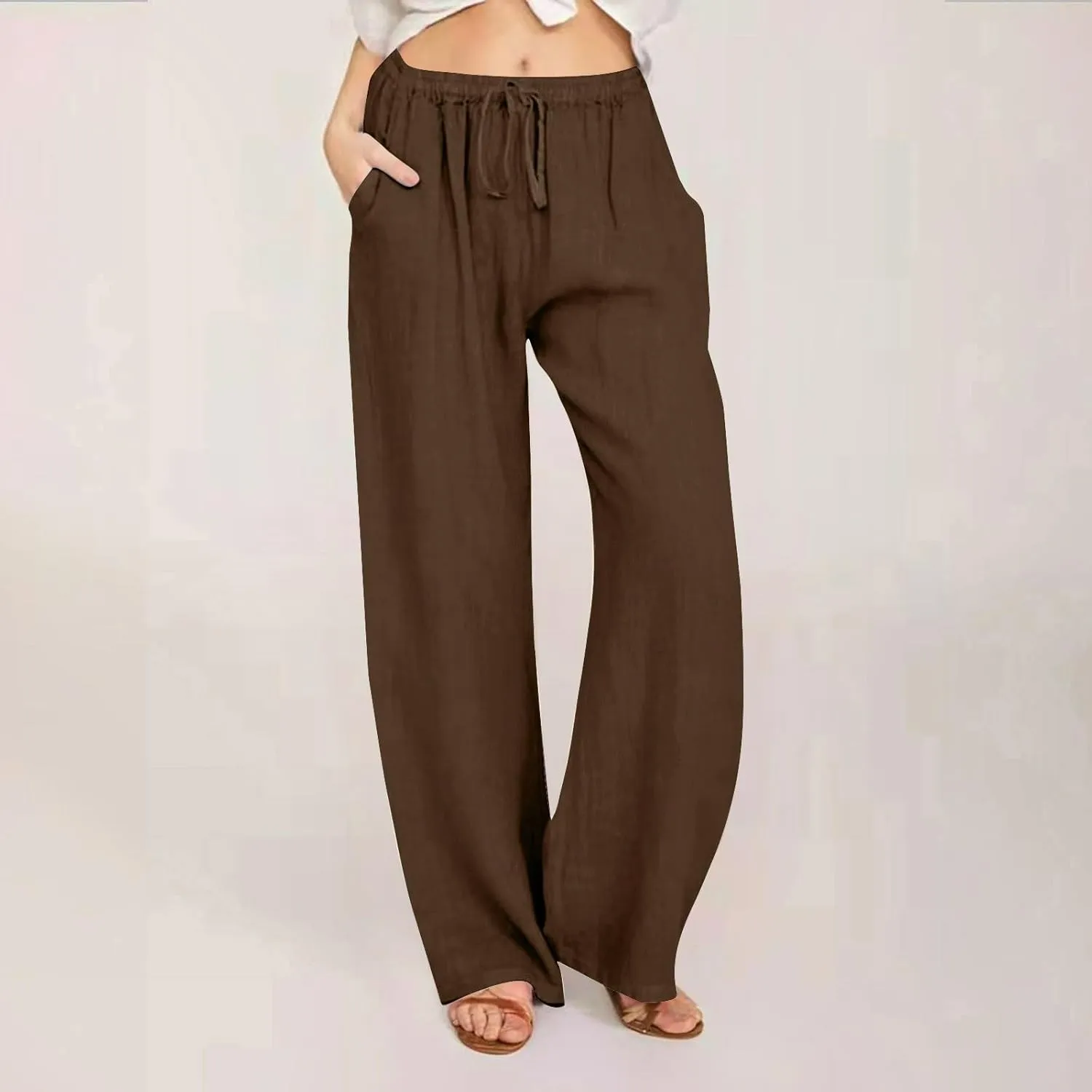 Summer Pants for Women Linen Lounge Drawstring Wide Leg Pants 2025 Trendy Comfy Elastic High Waisted Trousers