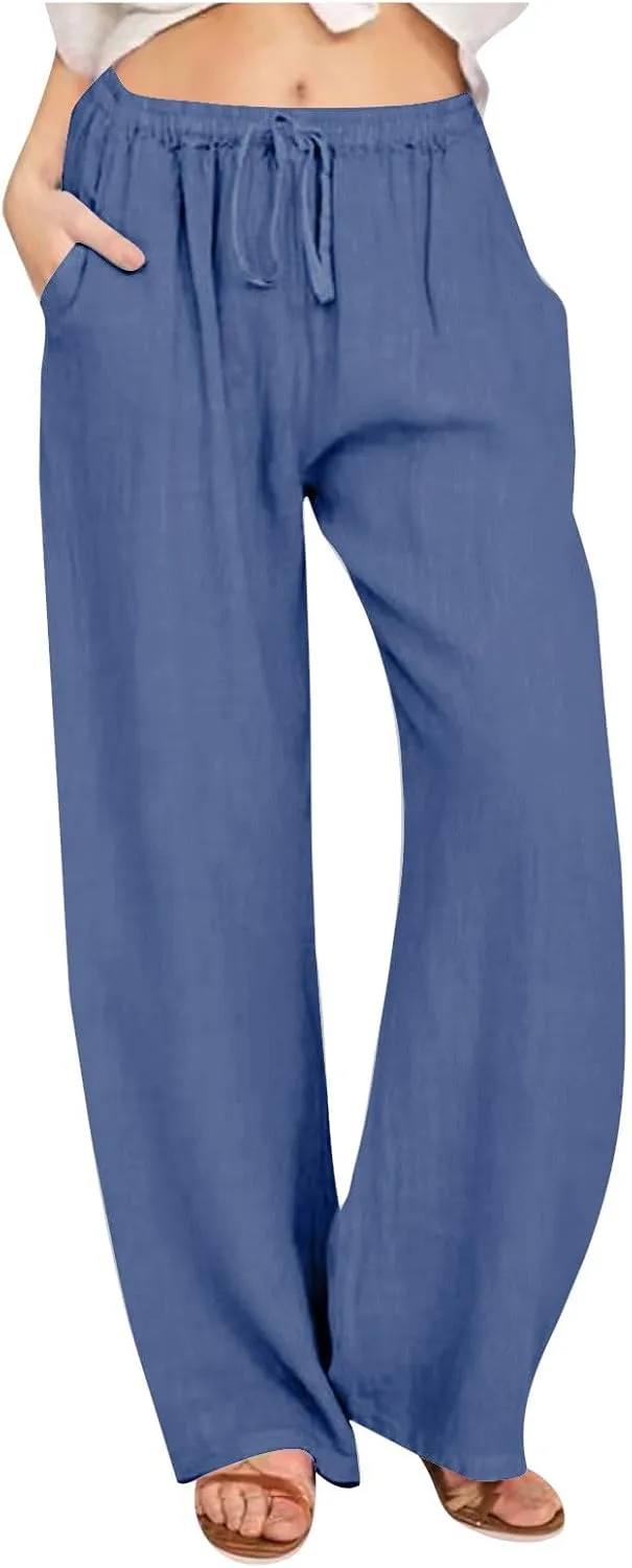 Summer Pants for Women Linen Lounge Drawstring Wide Leg Pants 2025 Trendy Comfy Elastic High Waisted Trousers