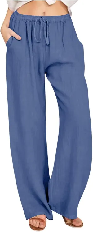 Summer Pants for Women Linen Lounge Drawstring Wide Leg Pants 2025 Trendy Comfy Elastic High Waisted Trousers