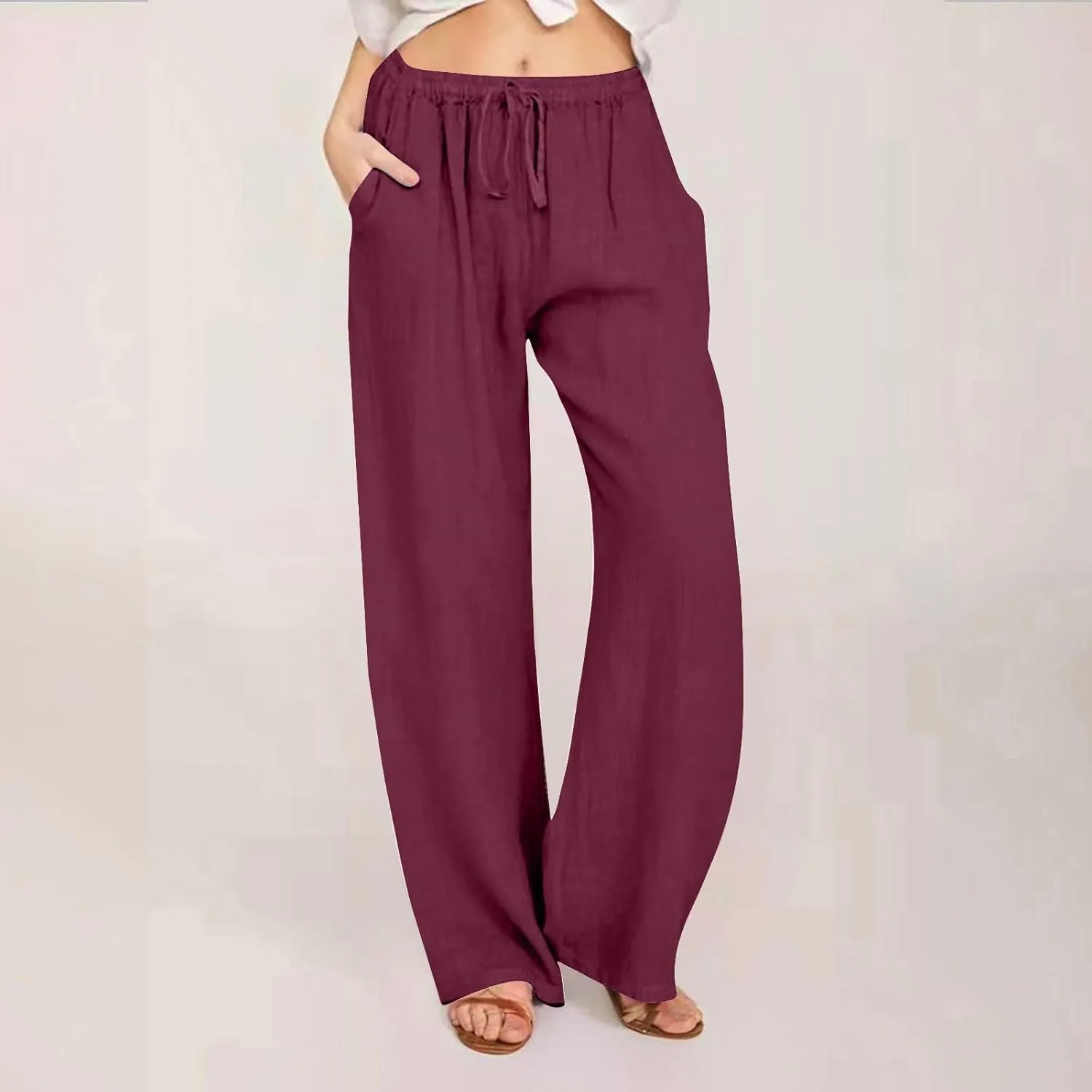 Summer Pants for Women Linen Lounge Drawstring Wide Leg Pants 2025 Trendy Comfy Elastic High Waisted Trousers