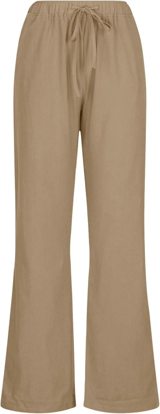Summer Pants for Women Linen Lounge Drawstring Wide Leg Pants 2025 Trendy Comfy Elastic High Waisted Trousers