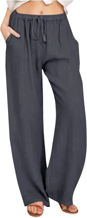 Summer Pants for Women Linen Lounge Drawstring Wide Leg Pants 2025 Trendy Comfy Elastic High Waisted Trousers