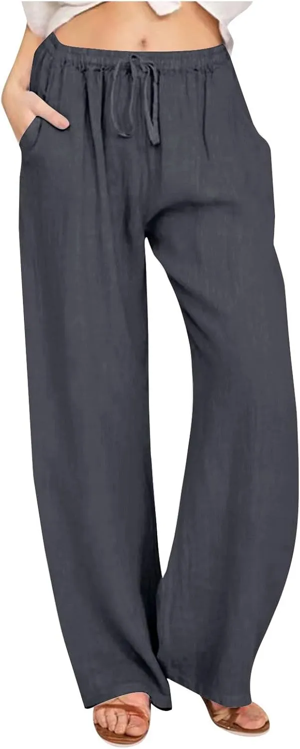Summer Pants for Women Linen Lounge Drawstring Wide Leg Pants 2025 Trendy Comfy Elastic High Waisted Trousers