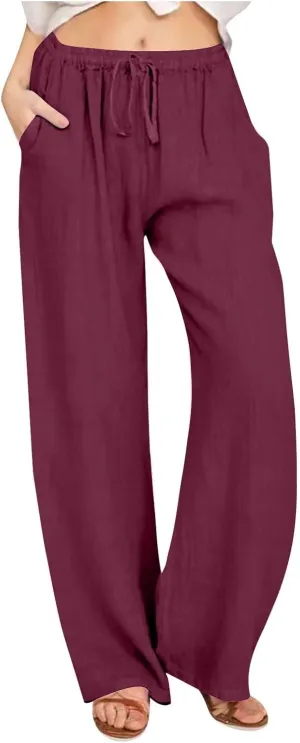 Summer Pants for Women Linen Lounge Drawstring Wide Leg Pants 2025 Trendy Comfy Elastic High Waisted Trousers