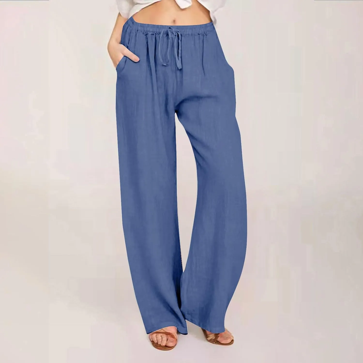 Summer Pants for Women Linen Lounge Drawstring Wide Leg Pants 2025 Trendy Comfy Elastic High Waisted Trousers