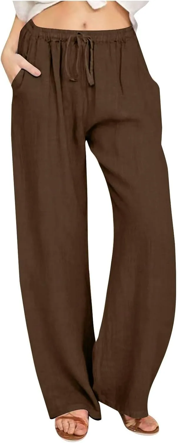 Summer Pants for Women Linen Lounge Drawstring Wide Leg Pants 2025 Trendy Comfy Elastic High Waisted Trousers