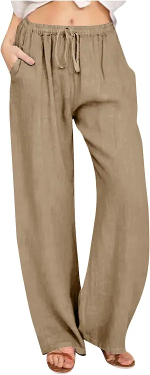 Summer Pants for Women Linen Lounge Drawstring Wide Leg Pants 2025 Trendy Comfy Elastic High Waisted Trousers