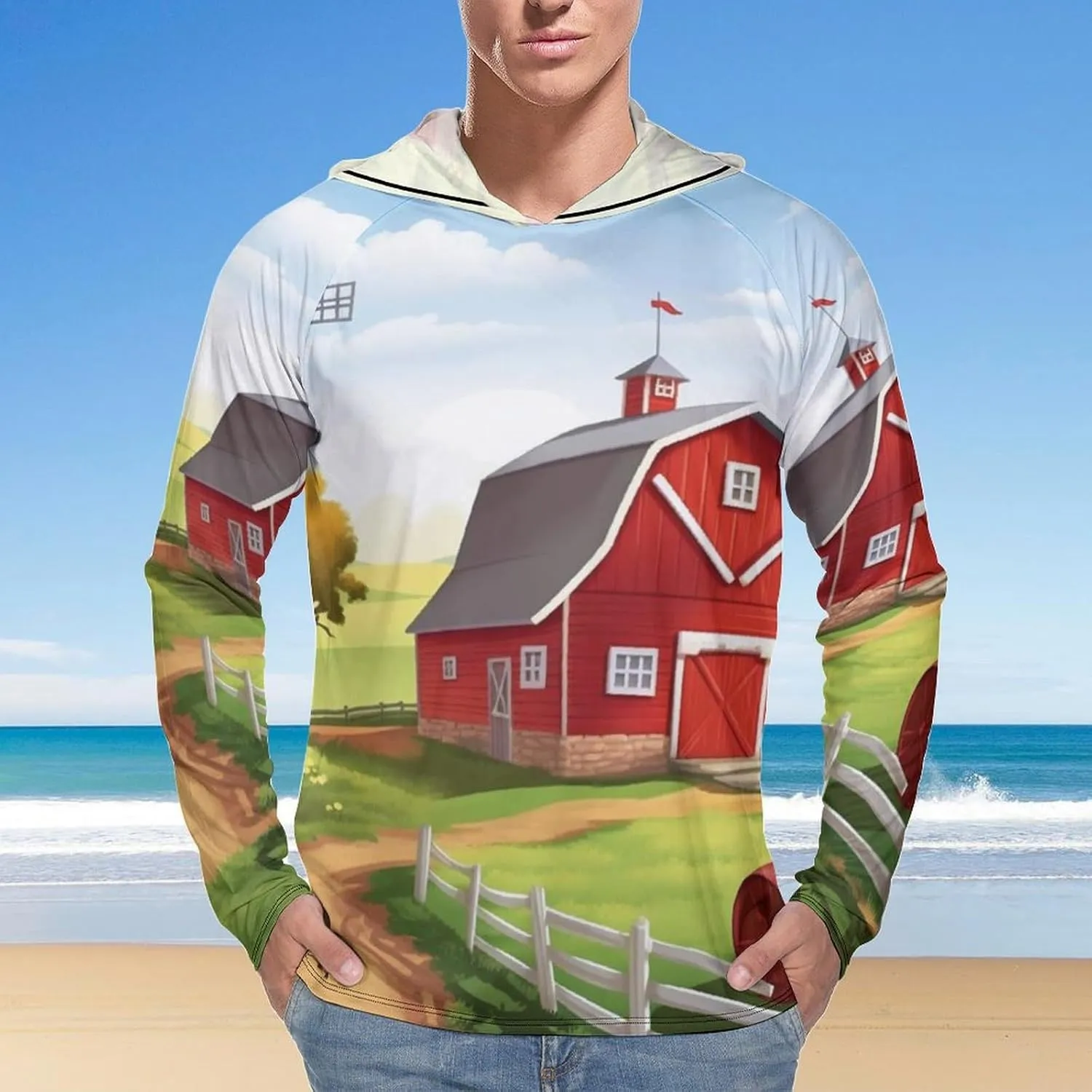 Sun Protection Shirt Long Sleeve Hoodie Cartoon Red Farm Lightweight Rash Guard Quick Dry Sun Shirt for Outdoor