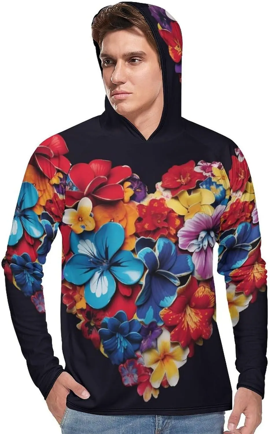 Sun Protection Shirt Long Sleeve Hoodie Color Heart Flowers Lightweight Rash Guard Quick Dry Sun Shirt for Outdoor