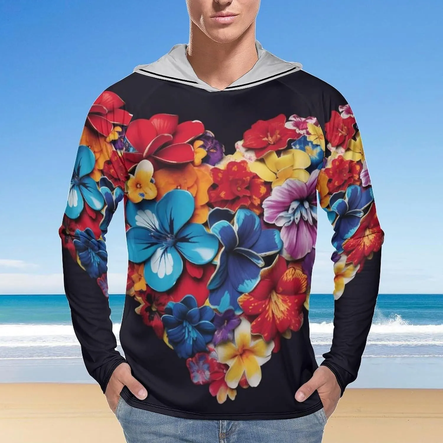 Sun Protection Shirt Long Sleeve Hoodie Color Heart Flowers Lightweight Rash Guard Quick Dry Sun Shirt for Outdoor
