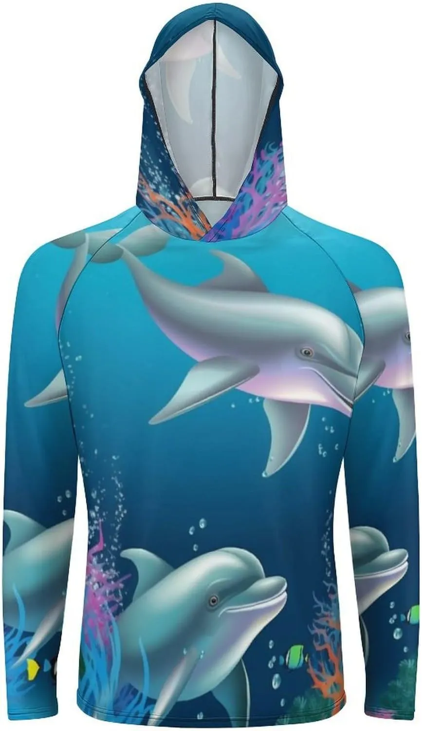 Sun Protection Shirt Long Sleeve Hoodie Dolphin and Fish Lightweight Rash Guard Quick Dry Sun Shirt for Outdoor
