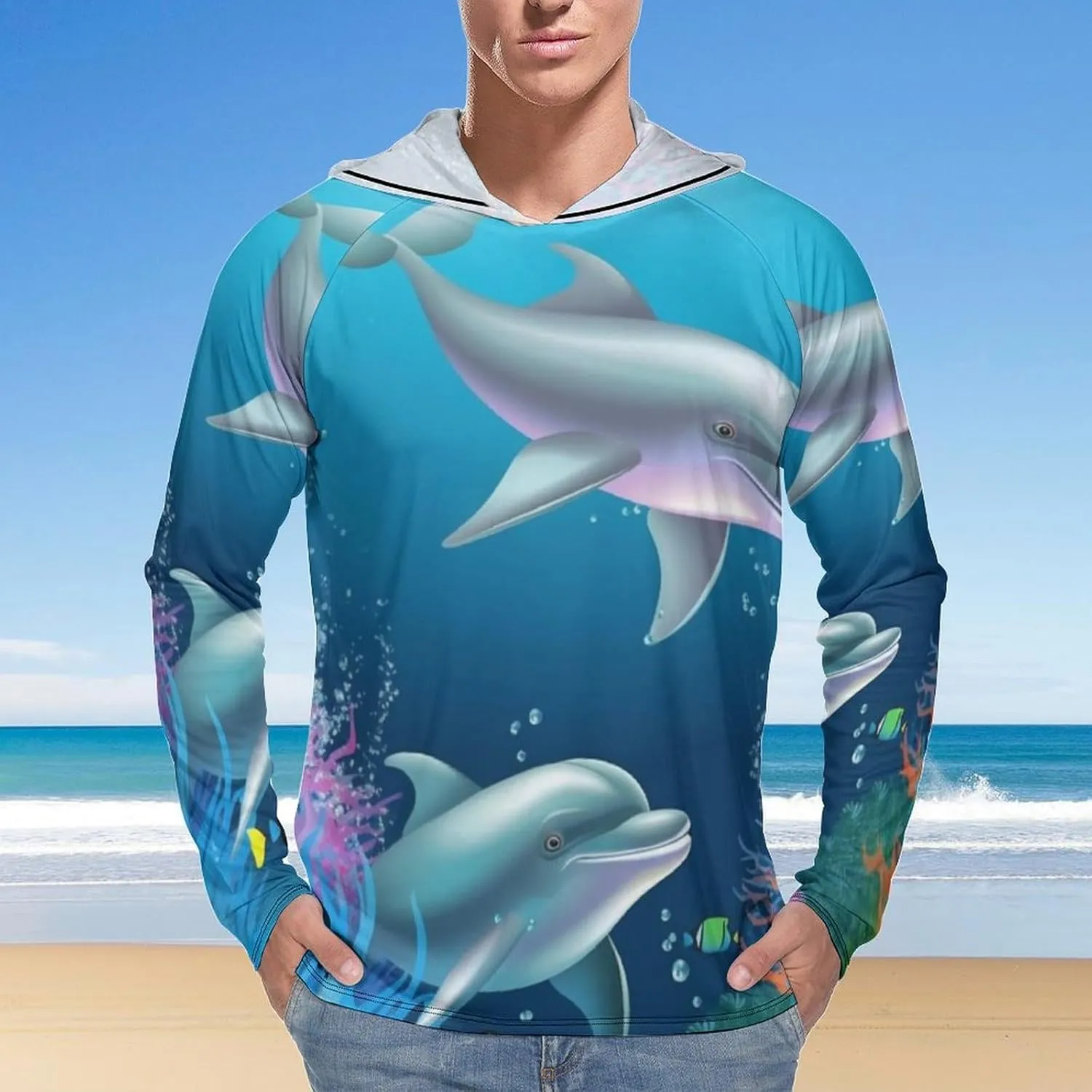 Sun Protection Shirt Long Sleeve Hoodie Dolphin and Fish Lightweight Rash Guard Quick Dry Sun Shirt for Outdoor