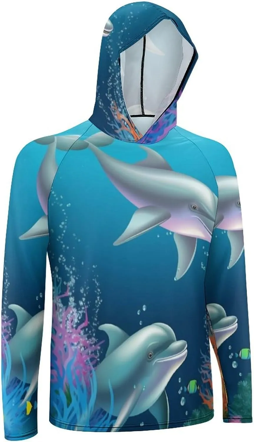 Sun Protection Shirt Long Sleeve Hoodie Dolphin and Fish Lightweight Rash Guard Quick Dry Sun Shirt for Outdoor