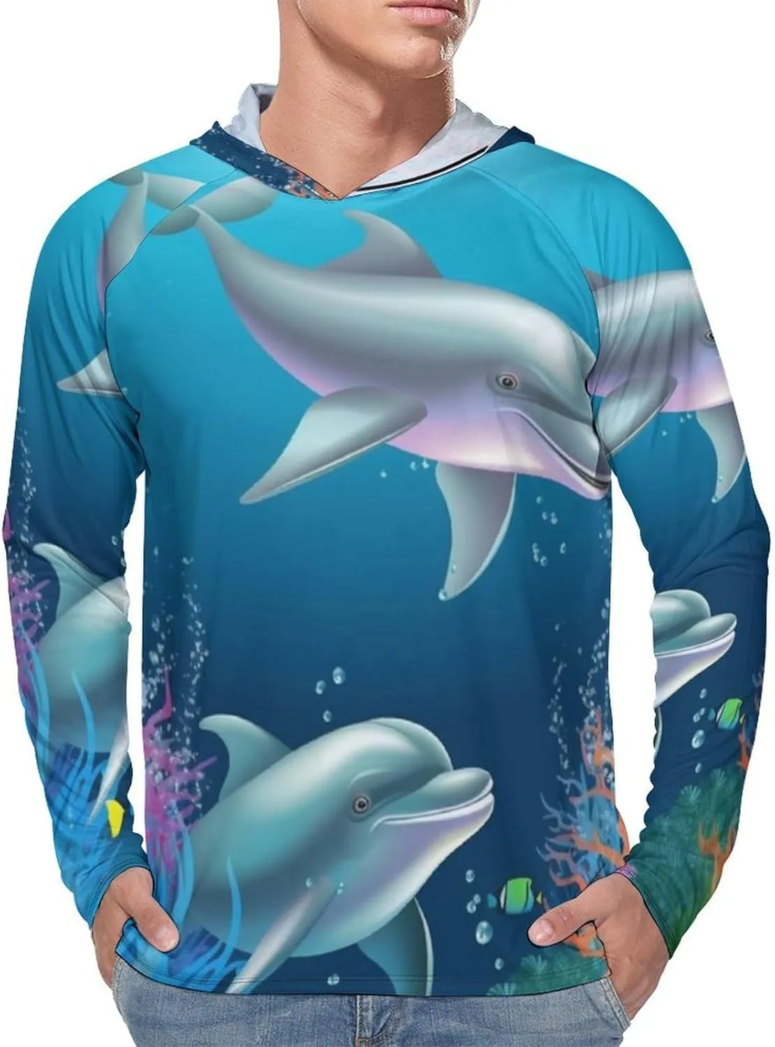Sun Protection Shirt Long Sleeve Hoodie Dolphin and Fish Lightweight Rash Guard Quick Dry Sun Shirt for Outdoor