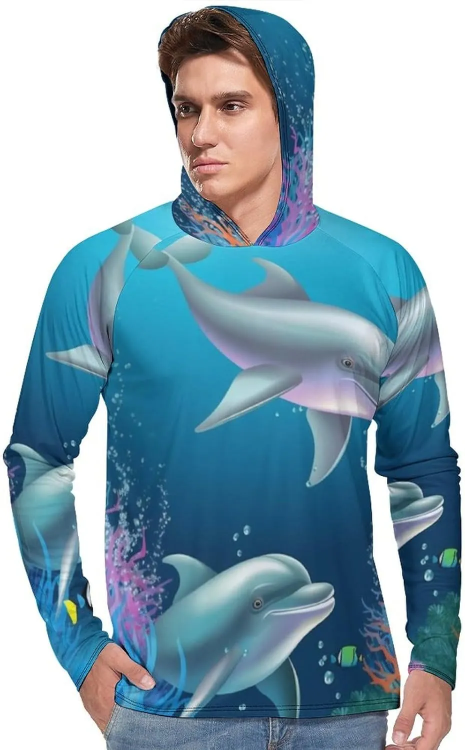 Sun Protection Shirt Long Sleeve Hoodie Dolphin and Fish Lightweight Rash Guard Quick Dry Sun Shirt for Outdoor