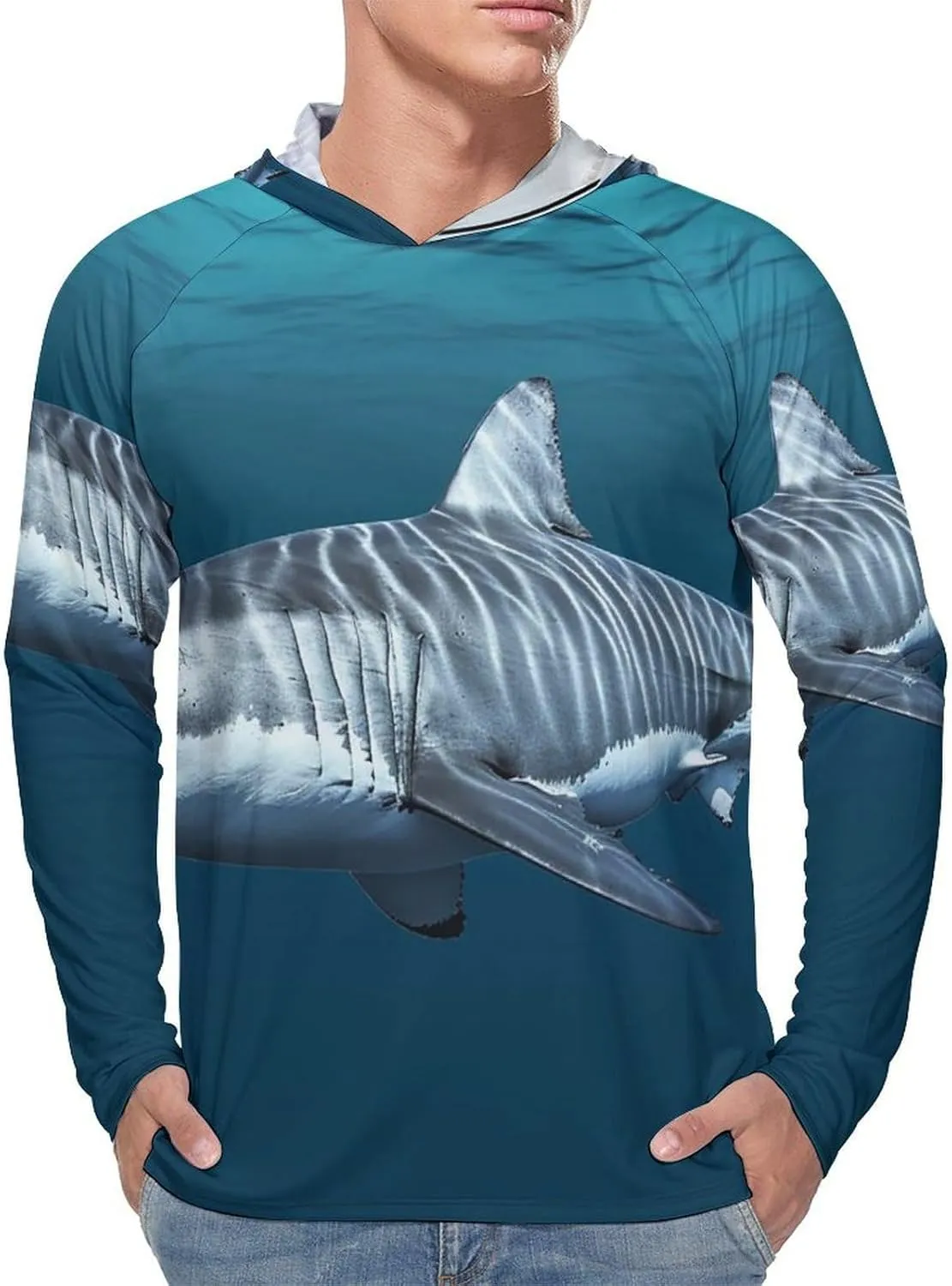 Sun Protection Shirt Long Sleeve Hoodie Great White Shark Lightweight Rash Guard Quick Dry Sun Shirt for Outdoor