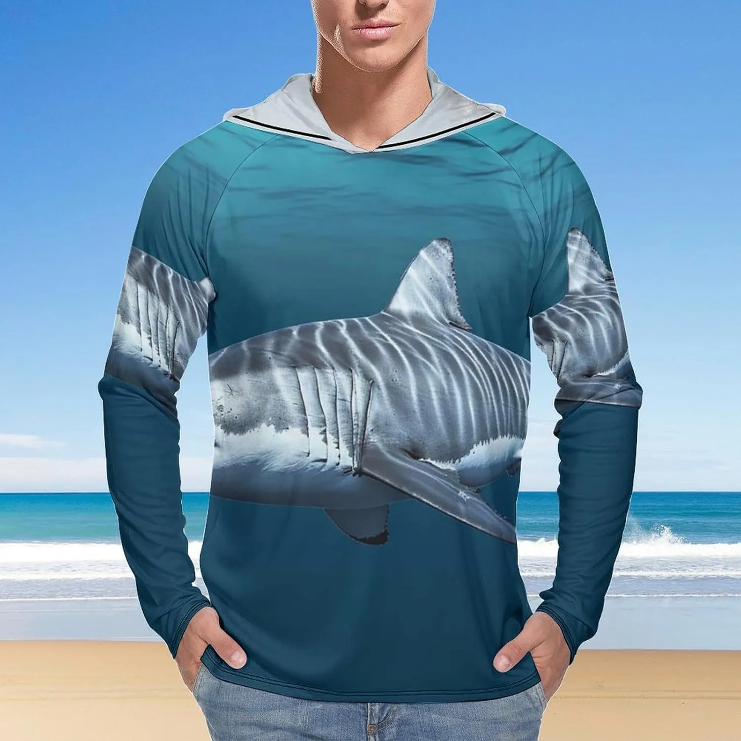 Sun Protection Shirt Long Sleeve Hoodie Great White Shark Lightweight Rash Guard Quick Dry Sun Shirt for Outdoor