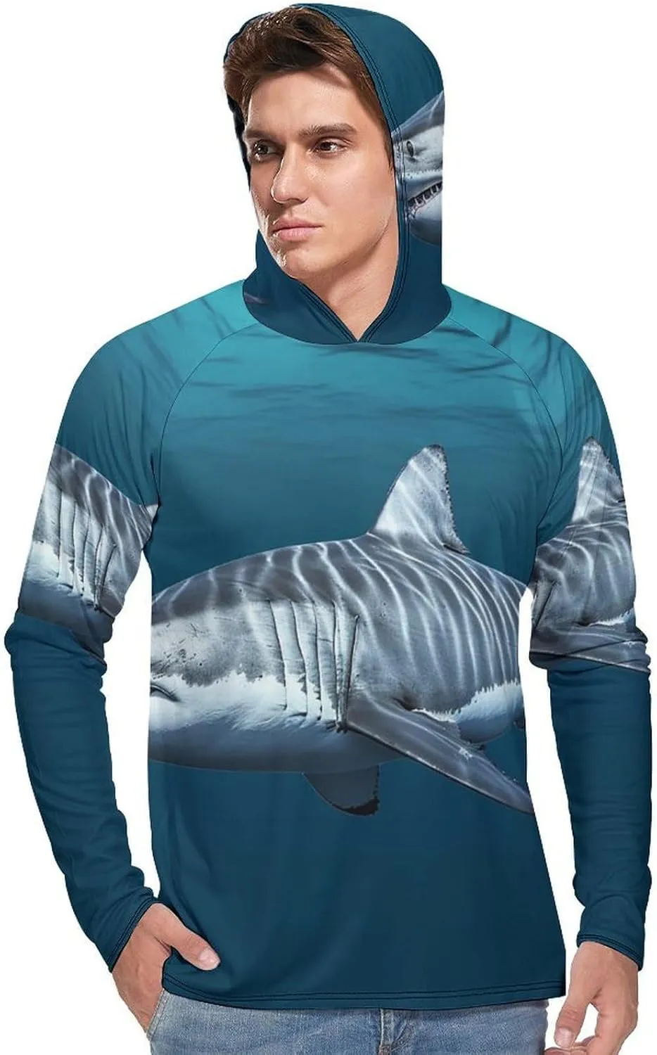 Sun Protection Shirt Long Sleeve Hoodie Great White Shark Lightweight Rash Guard Quick Dry Sun Shirt for Outdoor
