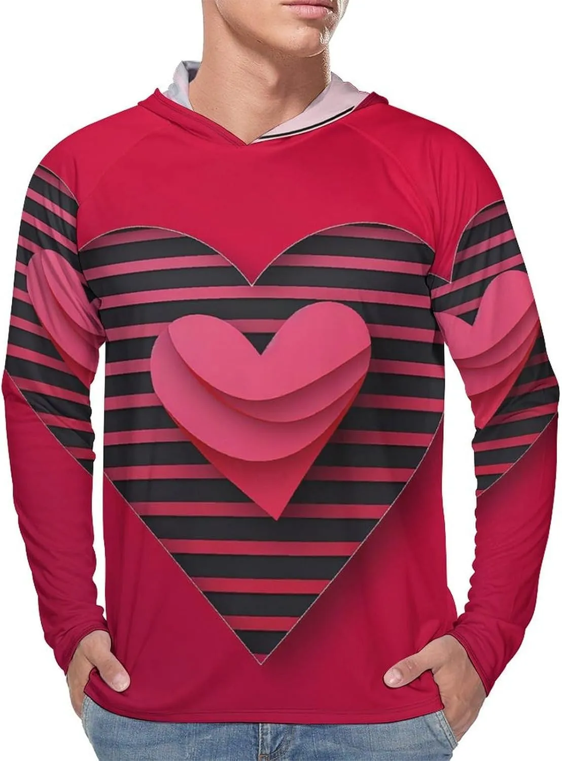 Sun Protection Shirt Long Sleeve Hoodie Stripes and Hearts Lightweight Rash Guard Quick Dry Sun Shirt for Outdoor