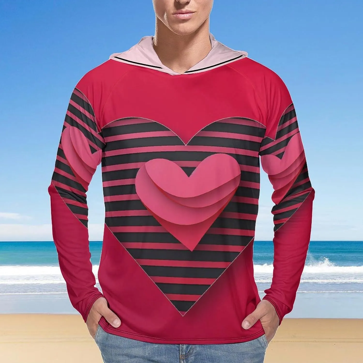 Sun Protection Shirt Long Sleeve Hoodie Stripes and Hearts Lightweight Rash Guard Quick Dry Sun Shirt for Outdoor