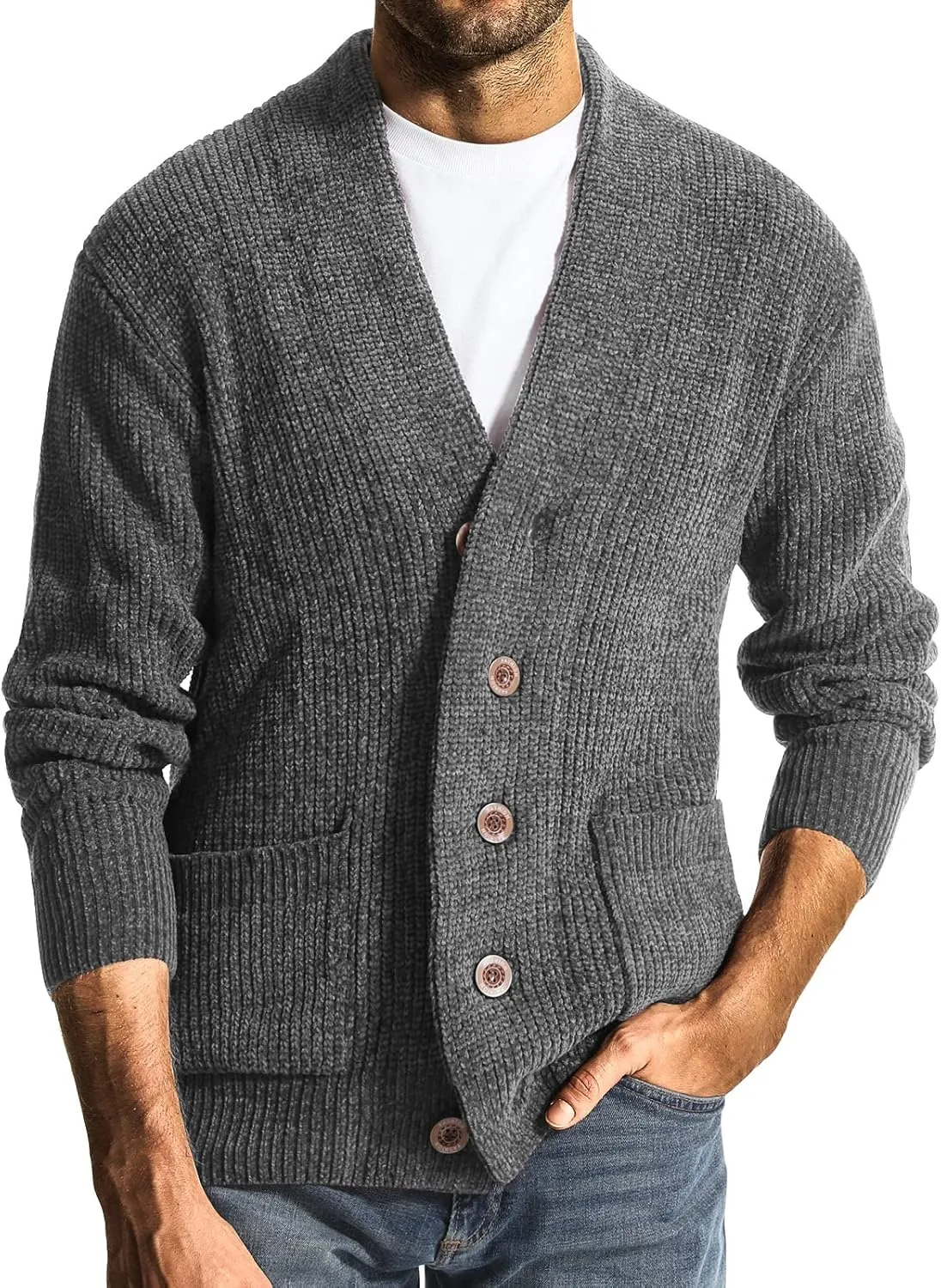 Surenow Mens Shawl Collar Cardigan Sweater Cable Knit Buttons Casual Sweater Fleece Long-Sleeve Chenille Sweater with Pockets