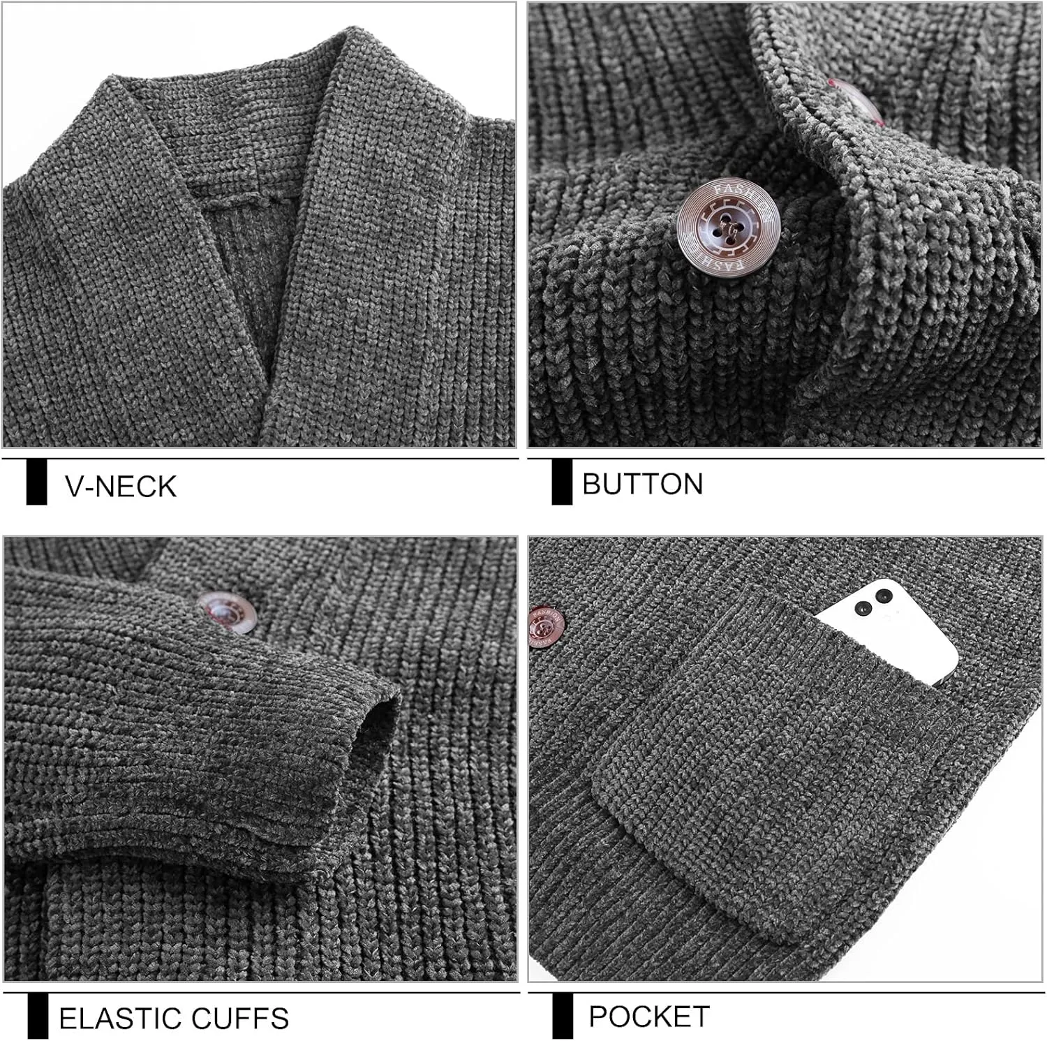 Surenow Mens Shawl Collar Cardigan Sweater Cable Knit Buttons Casual Sweater Fleece Long-Sleeve Chenille Sweater with Pockets