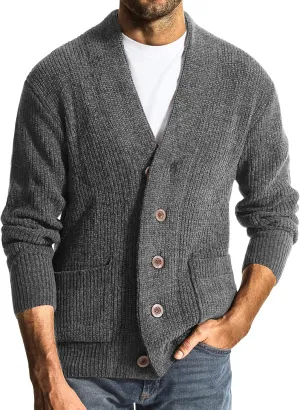 Surenow Mens Shawl Collar Cardigan Sweater Cable Knit Buttons Casual Sweater Fleece Long-Sleeve Chenille Sweater with Pockets
