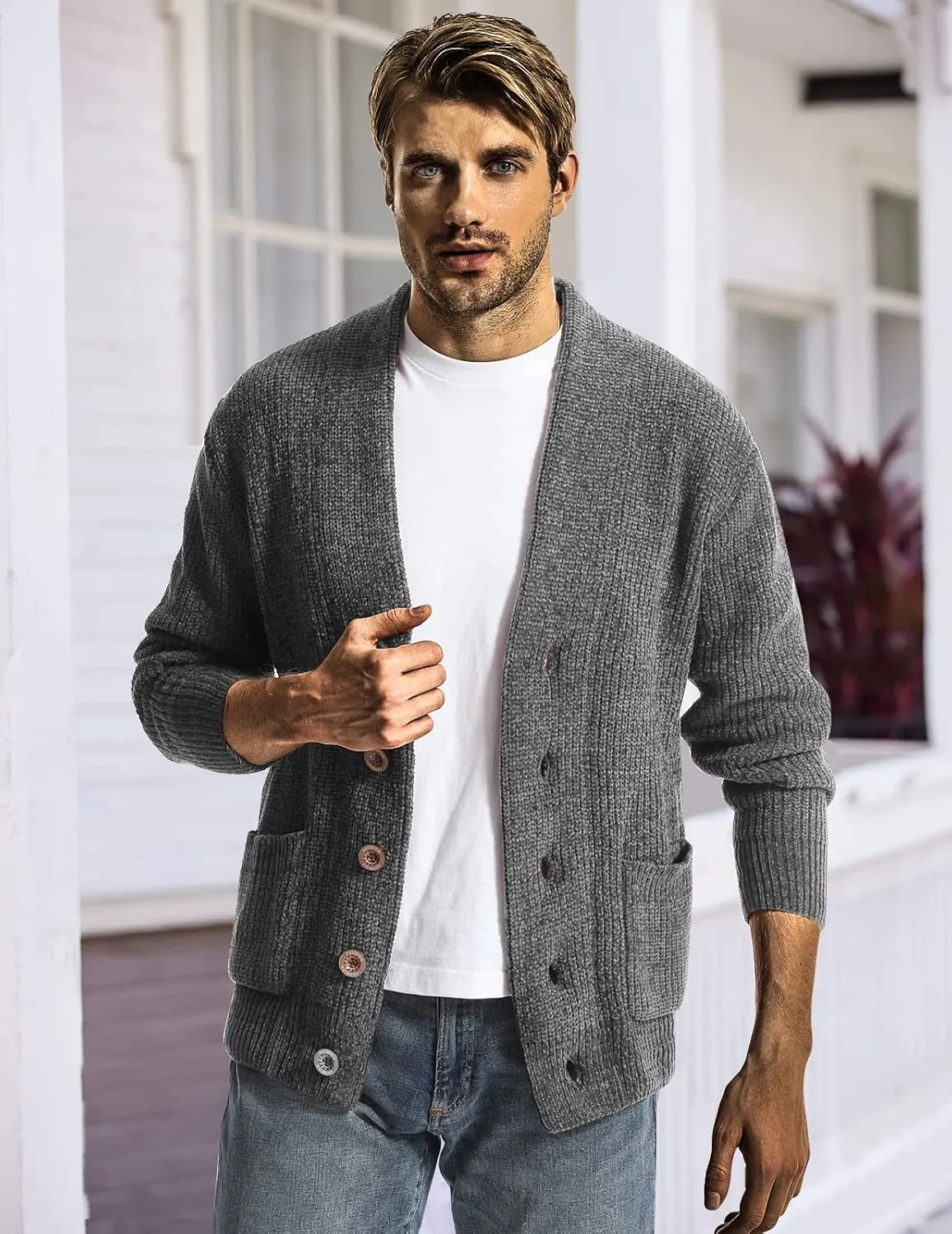 Surenow Mens Shawl Collar Cardigan Sweater Cable Knit Buttons Casual Sweater Fleece Long-Sleeve Chenille Sweater with Pockets